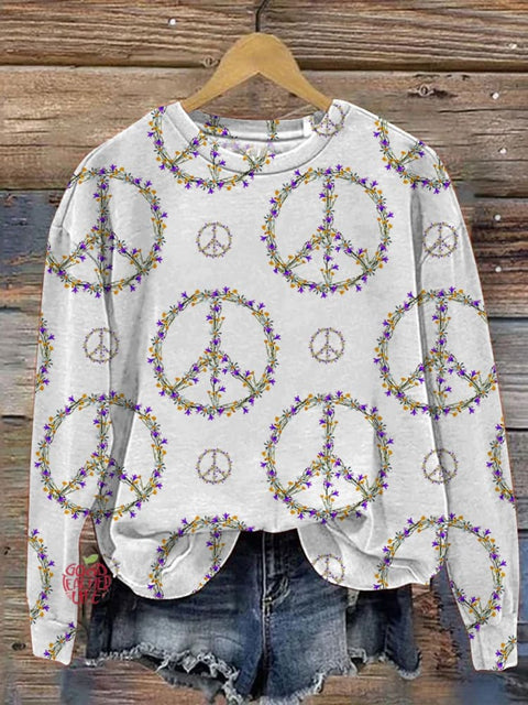 Floral And Peace Sign Graphic Printed Casual Sweatshirt