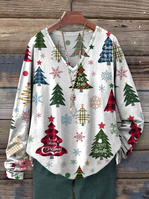 Christmas Art Print Casual V-neck Long Sleeve T-shirt