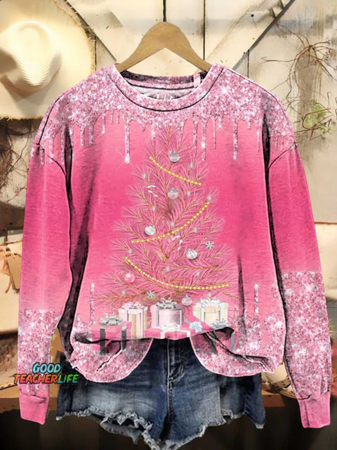 Christmas Tree Pink Glitter Casual Sweatshirt
