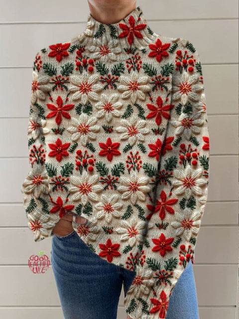 Women's Lovely Christmas Floral Art Print Knit Turtleneck Pullover Sweater