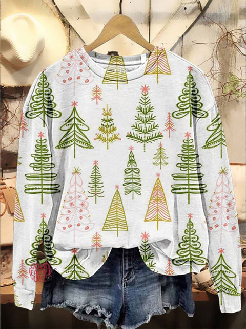 Minimalistic Christmas Trees Print Casual Sweatshirt