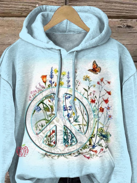 Tranquil Peace Sign And Floral Art Printed Casual Sweatshirt