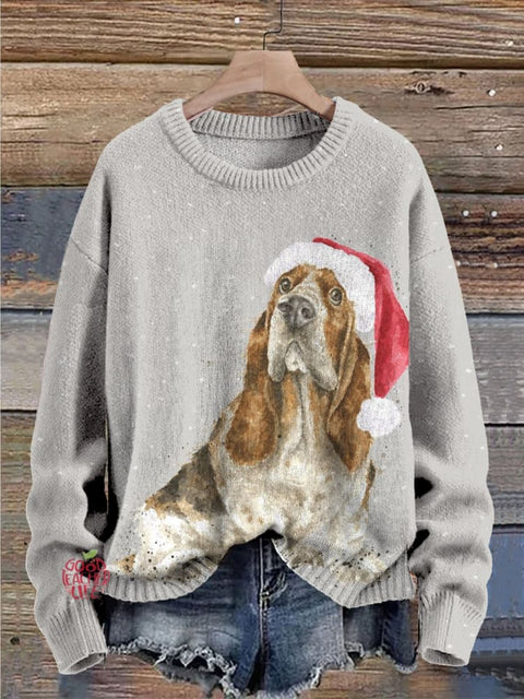 Christmas Hat Snow Dog Print Knit Pullover Sweater