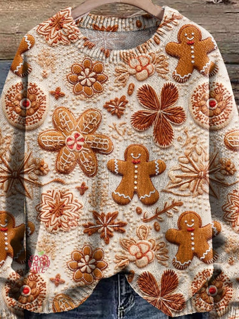 Gingerbread Christmas Cookie Print Knit Pullover Sweater