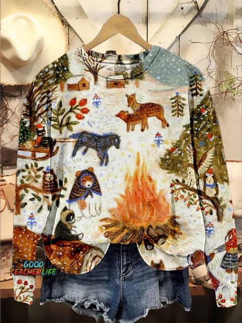 Cute Snow Scene Christmas Animals Bonfire Casual Print Sweatshirt