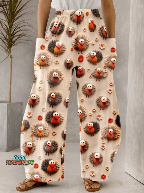 Cute Little Turkeys Fall Thanksgiving Print Wide Leg Pants