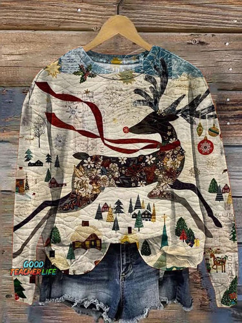 Christmas Reindeer Quilt Art Printed Casual Sweatshirt