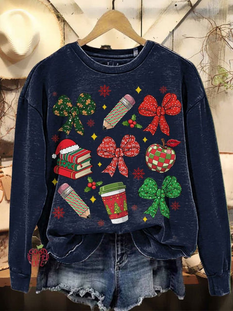 Coquettish Bow Teacher Christmas Pencil Casual Sweatshirt