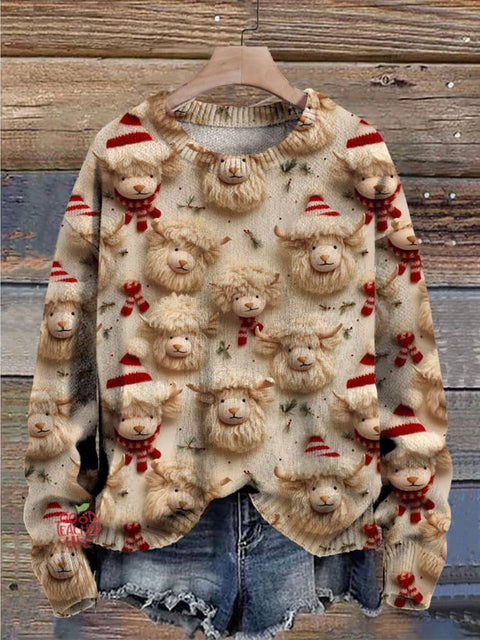 Christmas Highland Cow Print Knit Pullover Sweater