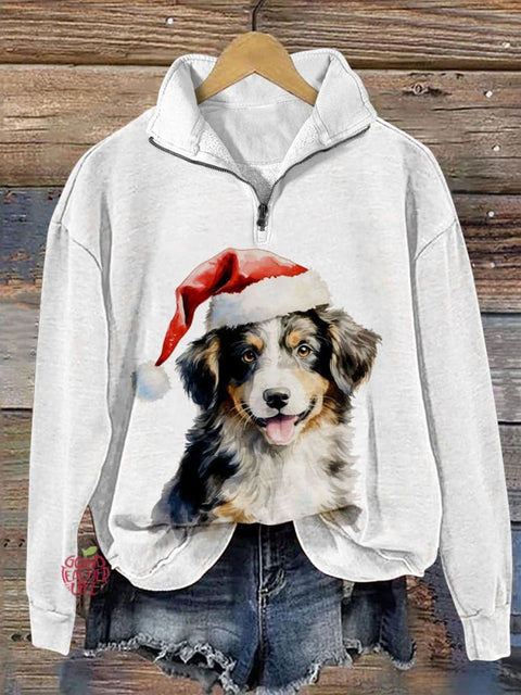 Christmas Dog Wearing Santa Hat Print Casual Long Sleeve Zip Sweatshirt