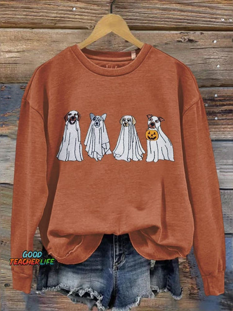 Women's Dog Ghost Print Casual Long Sleeve Sweatshirt