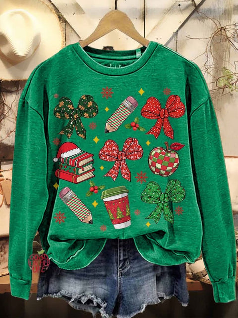 Coquettish Bow Teacher Christmas Pencil Casual Sweatshirt