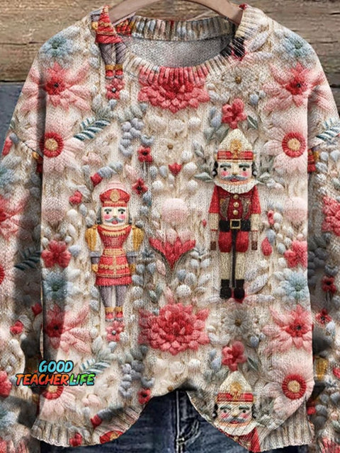 Nutckracker Winter Christmas Print Knit Pullover Sweater