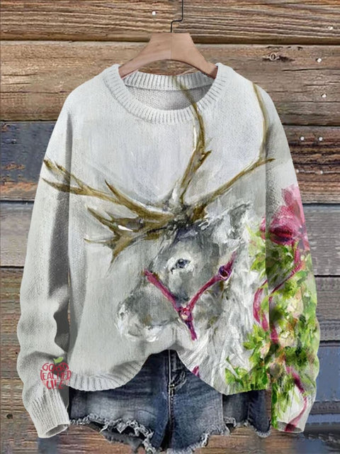 Christmas Reindeer Winter Print Knit Pullover Sweater