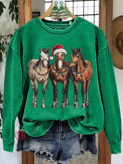 Christmas Horses Casual Print Sweatshirt