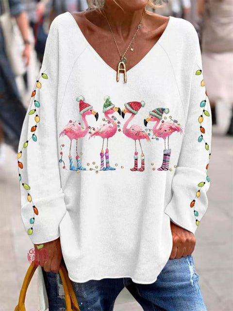 Women's Lovely Christmas Flamingo Art Print Casual Sweatshirt