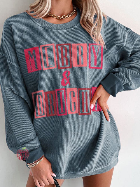 Women's Pink Christmas Merry and Bright Casual Print Corduroy Sweatshirt