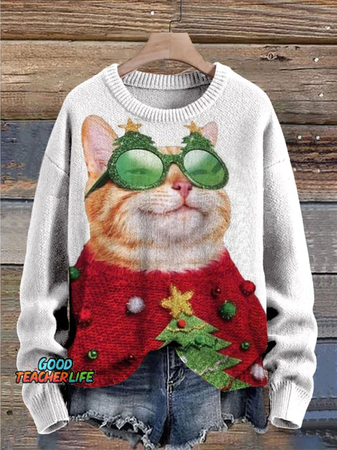 Christmas Cat Funny Cute Print Knit Pullover Sweater