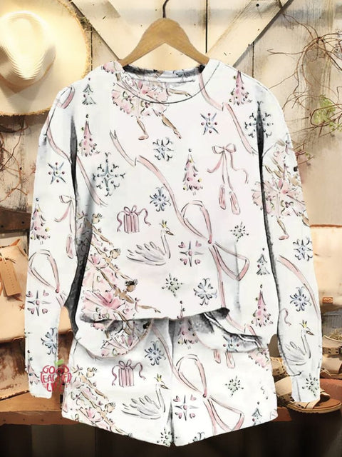 Women's Christmas Tree Bow Print Casual Sweatshirt Shorts Set