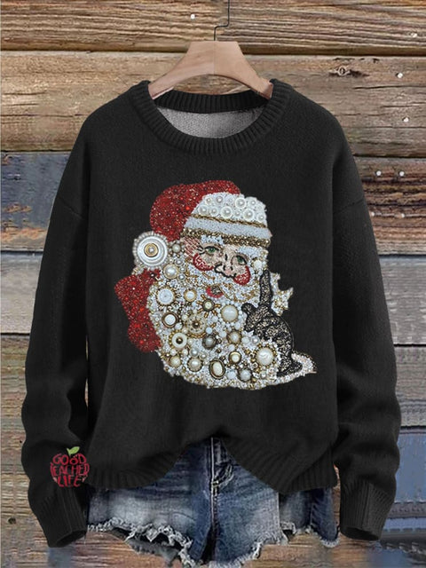 Christmas Pearls Jewelry Art Santa Claus Print Knit Pullover Sweater