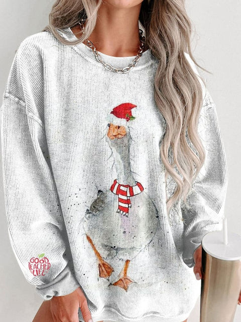 Women's Merry Christmas Cute Animals Goose Wearing Santa Hat Casual Print Sweatshirt