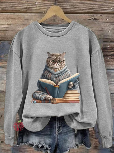 Cat In A Cardigan Read A Book Casual Print Sweatshirt