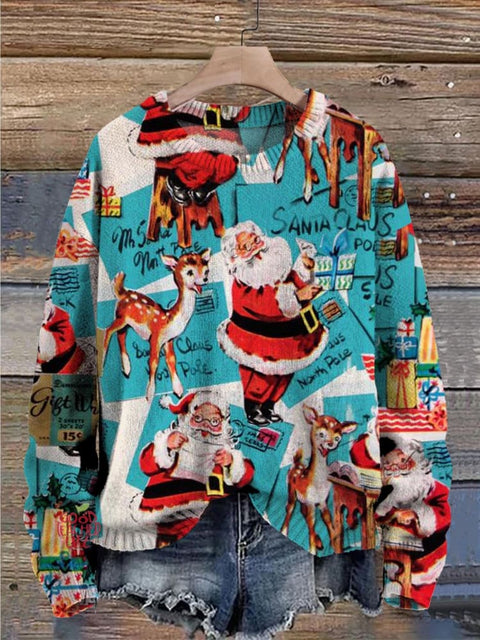 Christmas Cute Santa Deer Decorations Art Print Casual Knit Pullover Sweater