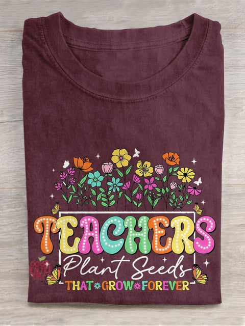 Floral Teacher Casual Print T-shirt