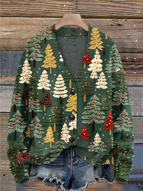 Christmas Gift Christmas Tree Print Buttoned V-neck Cardigan Sweater