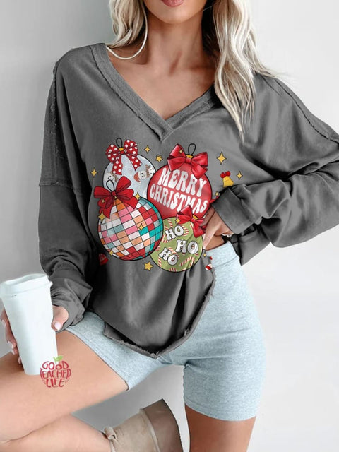 Women's Retro Christmas Ornaments Print Long Sleeve V-neck Comfortable Cotton Shirt