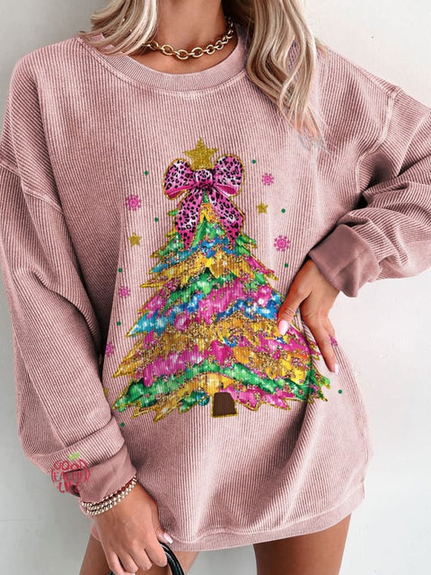 Women's Christmas Colorful Coquette Glitter Christmas Tree Casual Print Sweatshirt