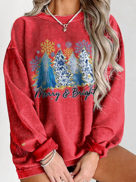 Women's Christmas Blue Floral Coquette Christmas Tree Merry & Bright Casual Print Sweatshirt