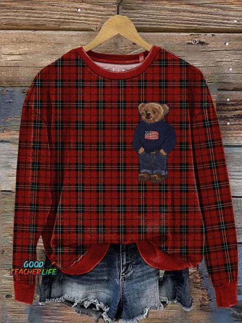 Teddy Bear And Plaid Pattern Printed Casual Sweatshirt
