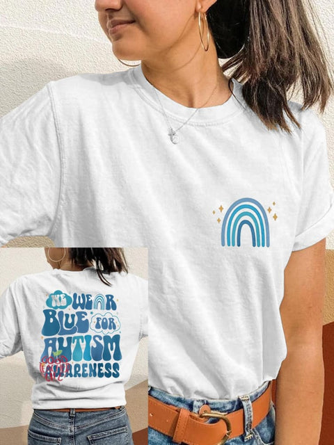 We Wear Blue for Autism Awareness Blue Rainbow Printing T-shirt