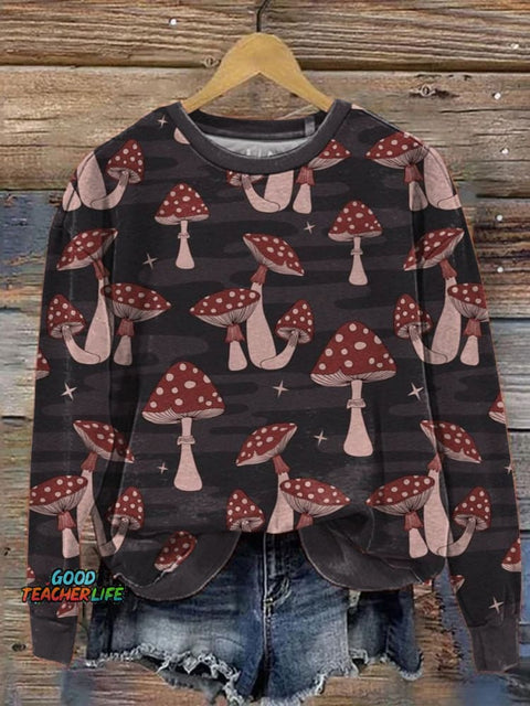 Forest Mushroom Pattern Printed Casual Sweatshirt