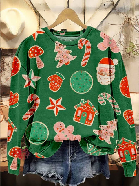 Retro Christmas Christmas Tree Gingerbread Man Candy Cane Casual Print Sweatshirt