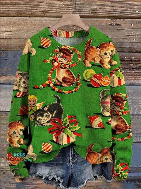 Christmas Cute Cats Decorations Art Print Casual Knit Pullover Sweater