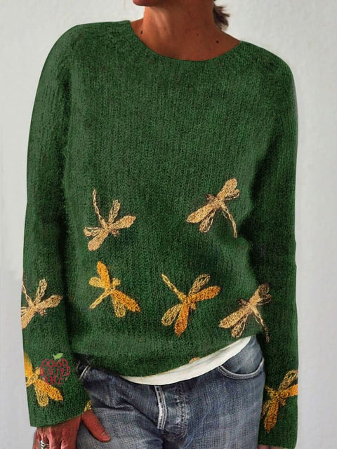 Dragonfly Print Knit Pullover Sweater