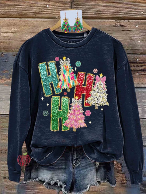 Retro Colorful Coquette Glitter Ho Ho Ho Christmas Tree Print Sweatshirt