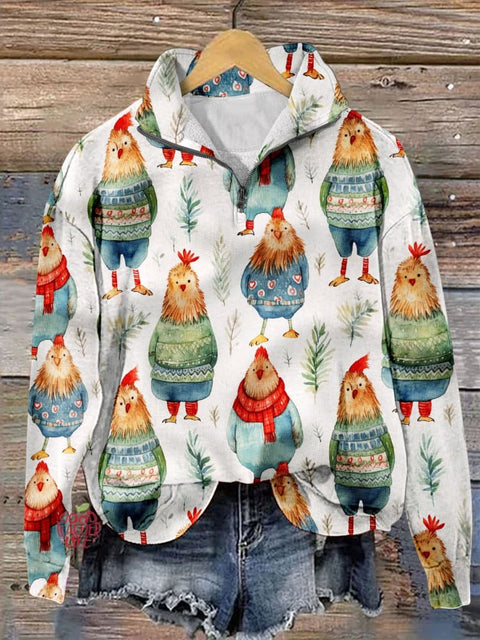 Christmas Cute Chickens In Sweaters Art Print Zip Casual Sweatshirt