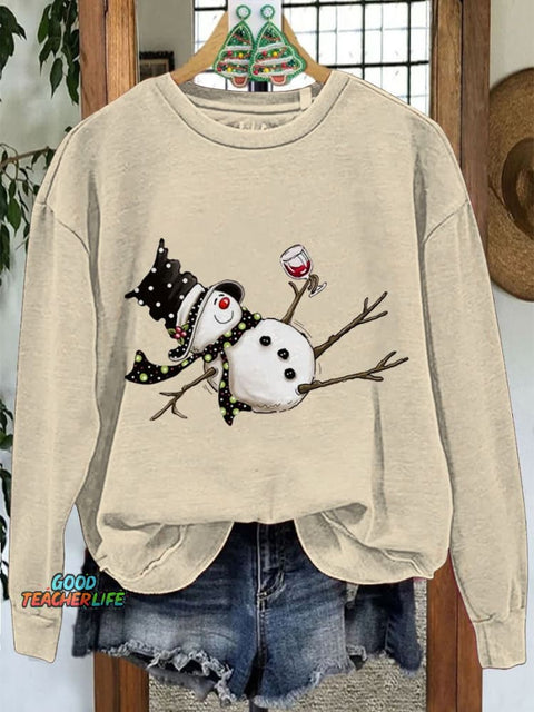 Drunk Snowman Drinking Wine Winter Holiday Christmas Casual Print Sweatshirt