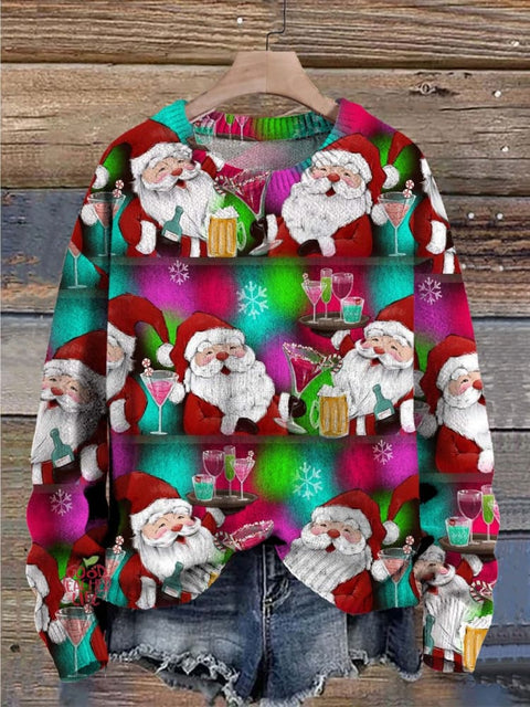 Christmas Funny Santa Cheers Drinks Art Print Casual Knit Pullover Sweater