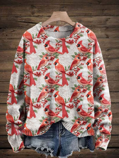 Cardinals on Snow Art Print Knit Pullover Sweater