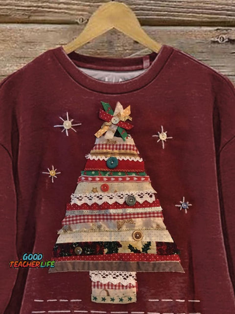 Folk Style Patchwork Christmas Tree Art Printed Casual Sweatshirt