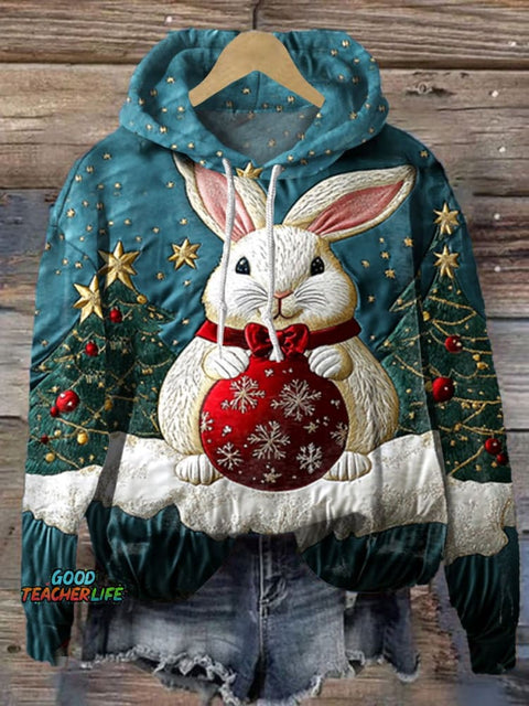 Christmas Bunny Print Casual Hoodie Sweatshirt