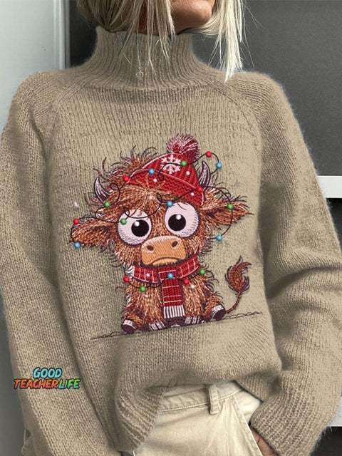 Embroidery  Highland Cow  Christmas Art Print Knit Turtleneck Pullover Sweater