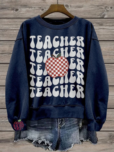 Teachers Retro Apple Casual Print Sweatshirt