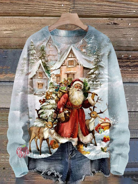 Christmas Santa Print Knit Pullover Sweater