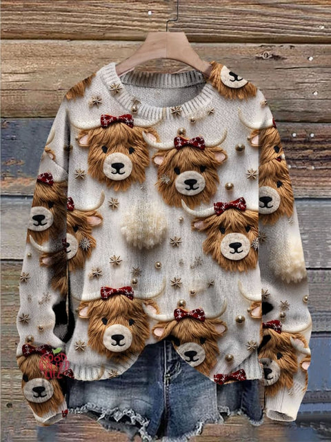 Christmas Highland Cow Print Knit Pullover Sweater