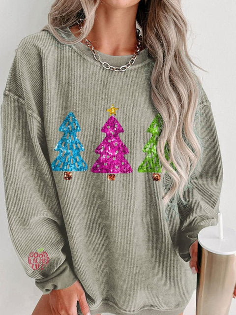 Women's Christmas Tree Casual Print Corduroy Sweatshirt